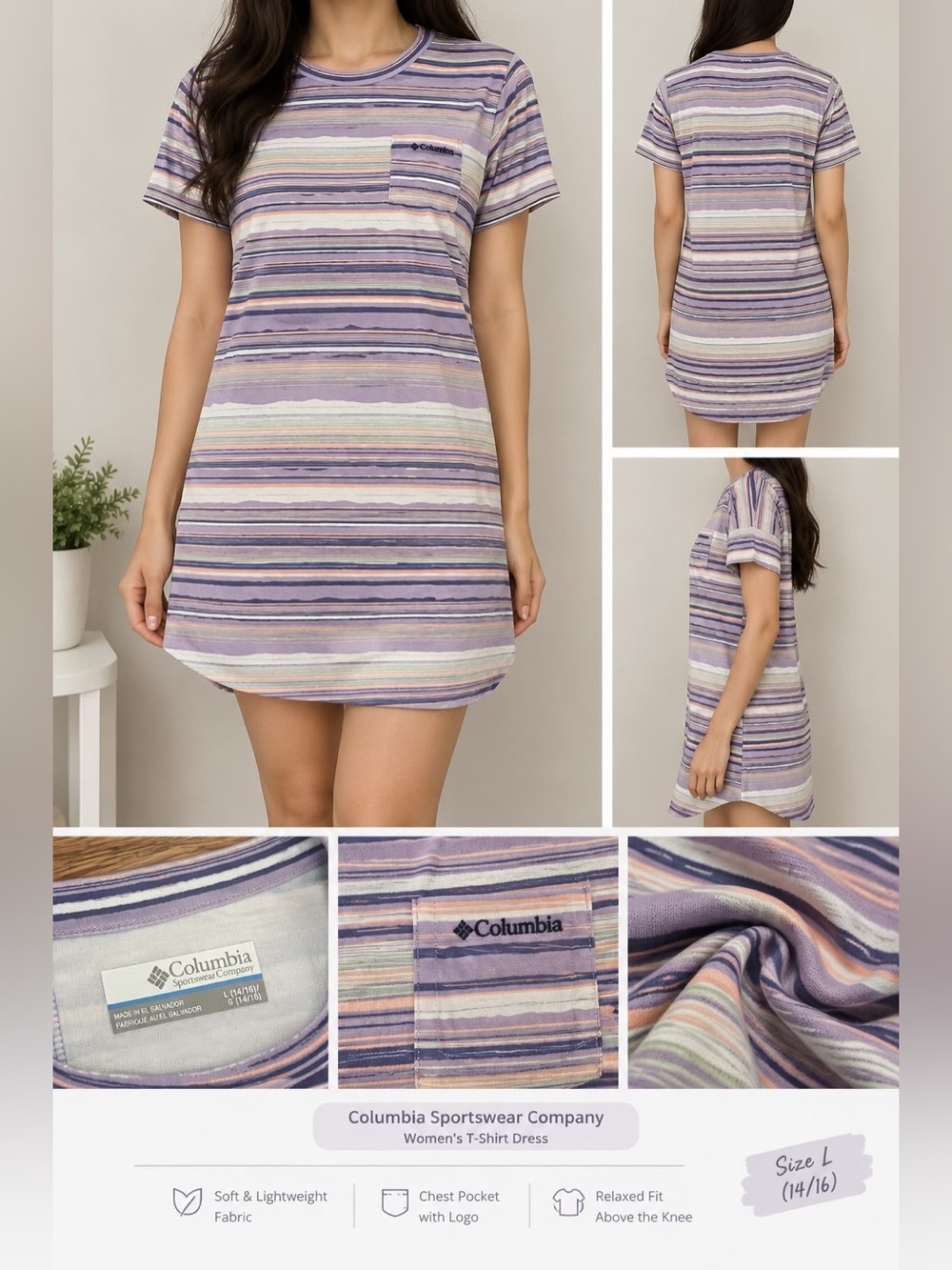Columbia Striped Lavender Short Sleeve T-Shirt Dress